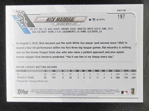 Nick Madrigal RC #197 2021 Topps Series 1 Baseball – Chicago White Sox - Picture 2 of 2