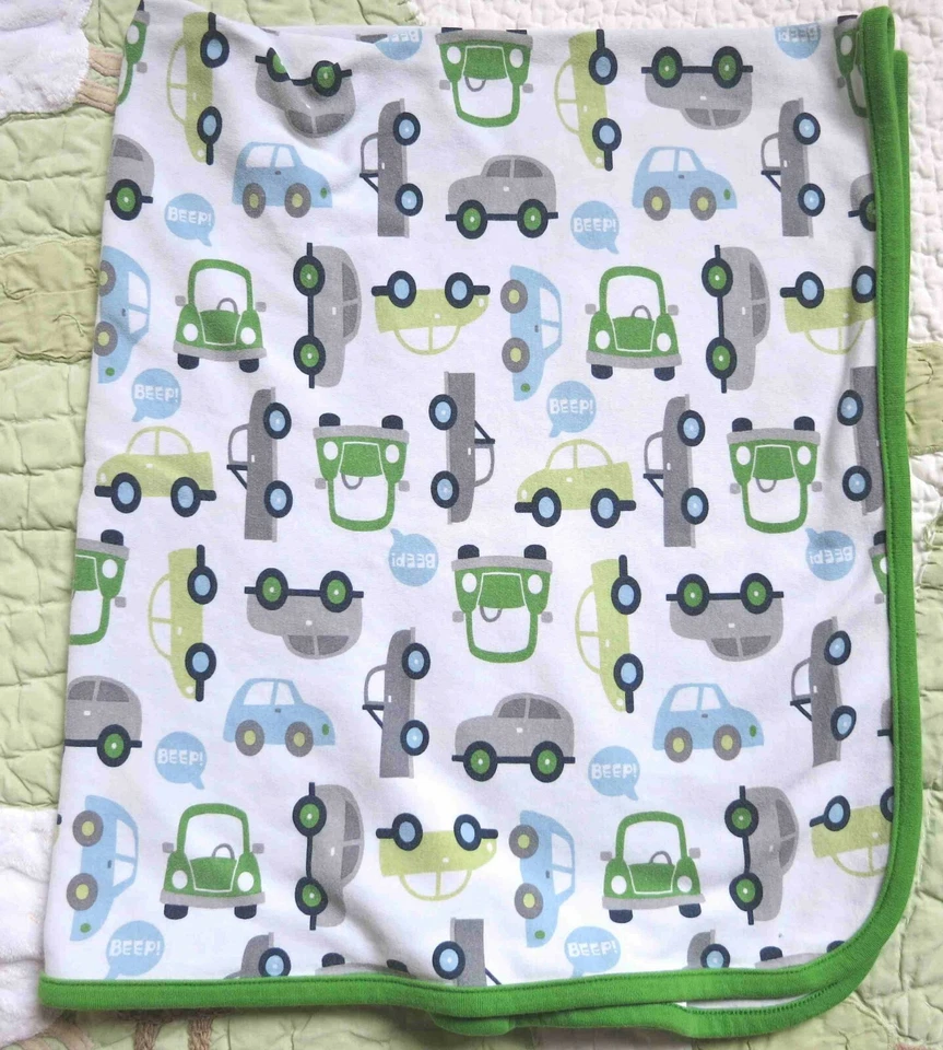 Manta bebé niño de una capa azul verde gris algodón Just One Year Cars BEEP en muy buen estado Foto 2 de 2