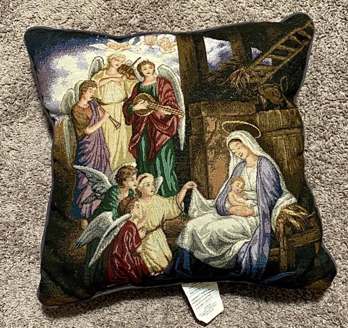 Vintage Christmas Tapestry Throw Pillow Nativity Mary Joseph Jesus Religious