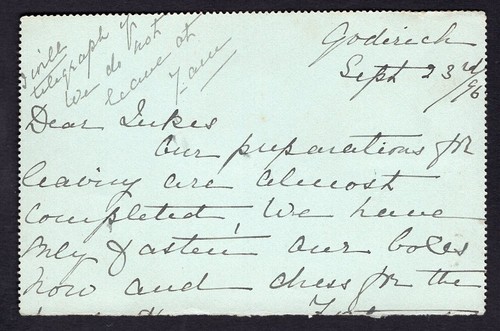 Canada GODERICH 1896 Squared Circle on Uprated Letter Card (part) SQ ½c Pair - Imagen 2 de 2