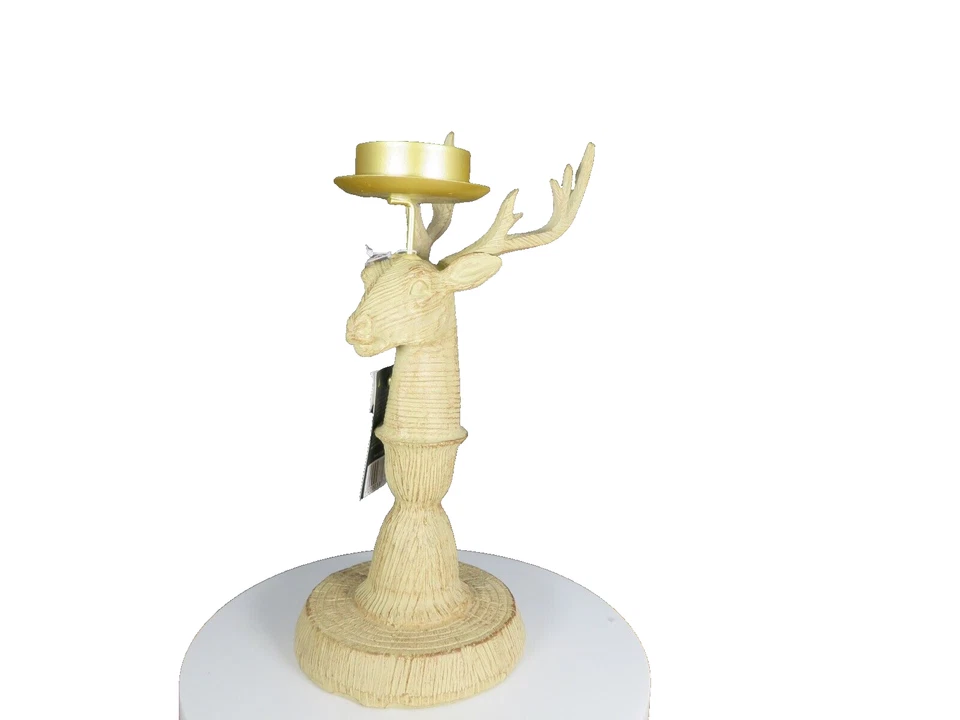 Nuevo ciervo de resina efecto madera Woodland Nature + soporte de candelabro de metal + vela rosa Foto 2 de 4