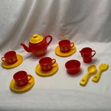 Vintage Gowi Toy Plastic Tea Set Made In Austrian Teddy Pattern Red  Yellow Vtg