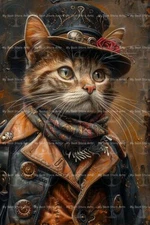 COWBOY CAT ART PRINT, Feline Animal Portrait, Kitty Poster Dark Gothic D461