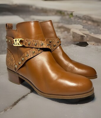 Michael Kors Kincaid Leather and Studded Logo Ankle Boot Luggage 8M MSRP 295.00