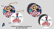 GREASE Ornament / Magnet Set - Movie Travolta Newton John 1978 Danny Sandy Gift