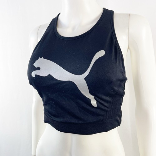 Puma Black Crop Top Size L Silver Logo Sleeveless Stretchy Workout Athletic Tank - Picture 2 of 7