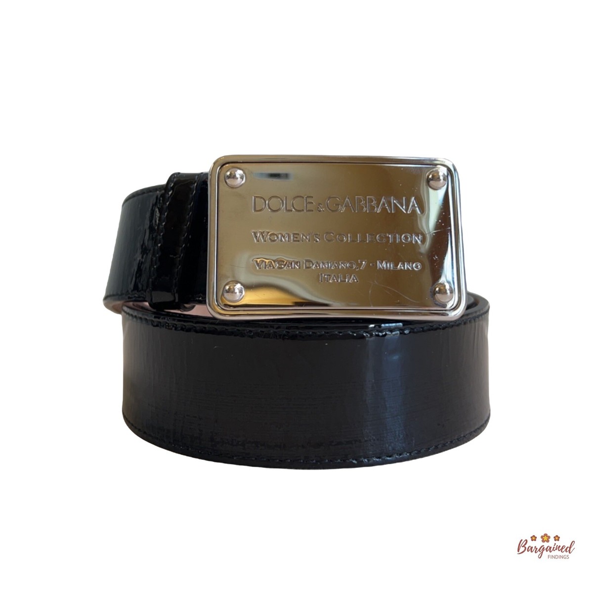Authentic Dolce & Gabbana Black Patent Leather Belt Silver