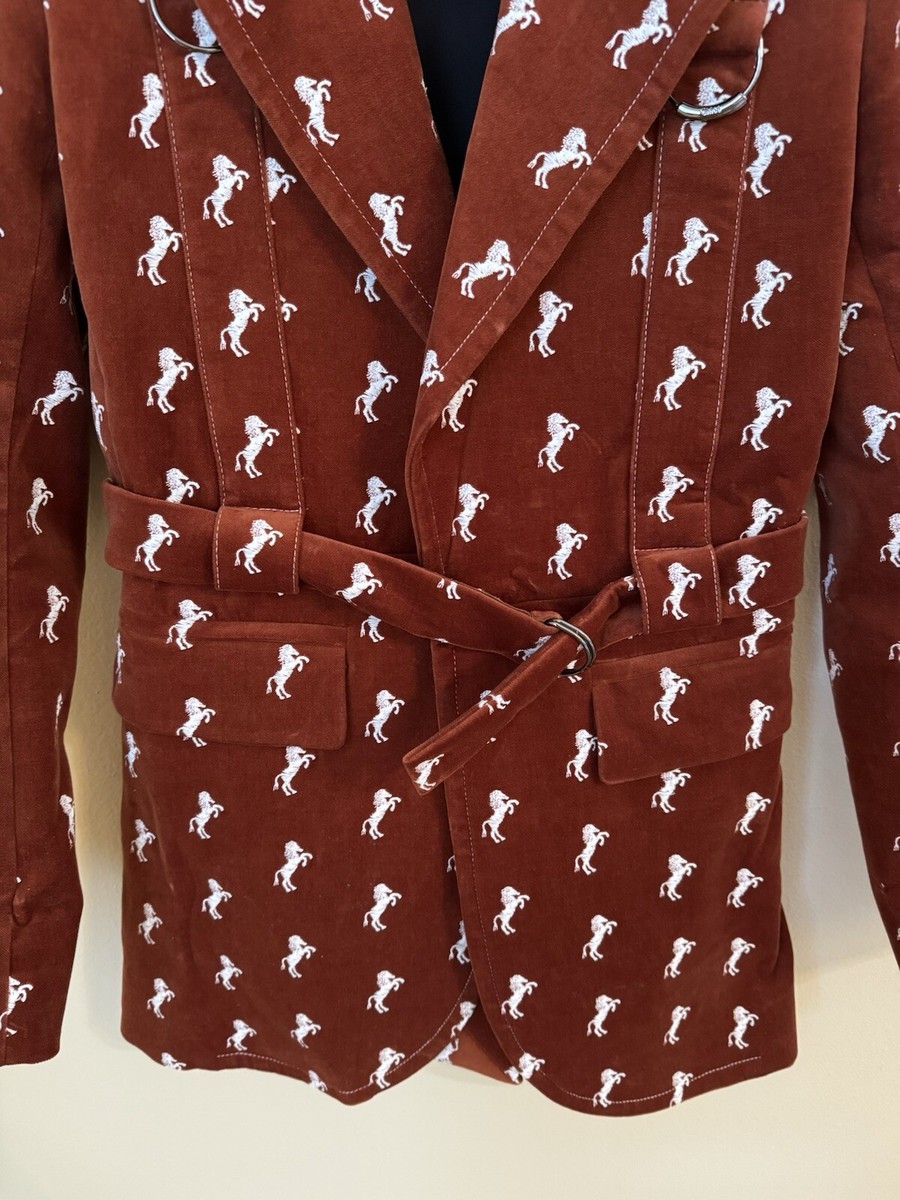 Chloe Horse Embroidered Velvet Blazer Jacket Crimson Brown
