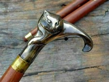 Solid Brass Cat Head Handle Folding Walking Stick Brown Wooden Cane