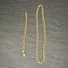 Big 9ct Yellow Gold Curb Link Cuban Chain & Bracelet Set with Lobster Clasp