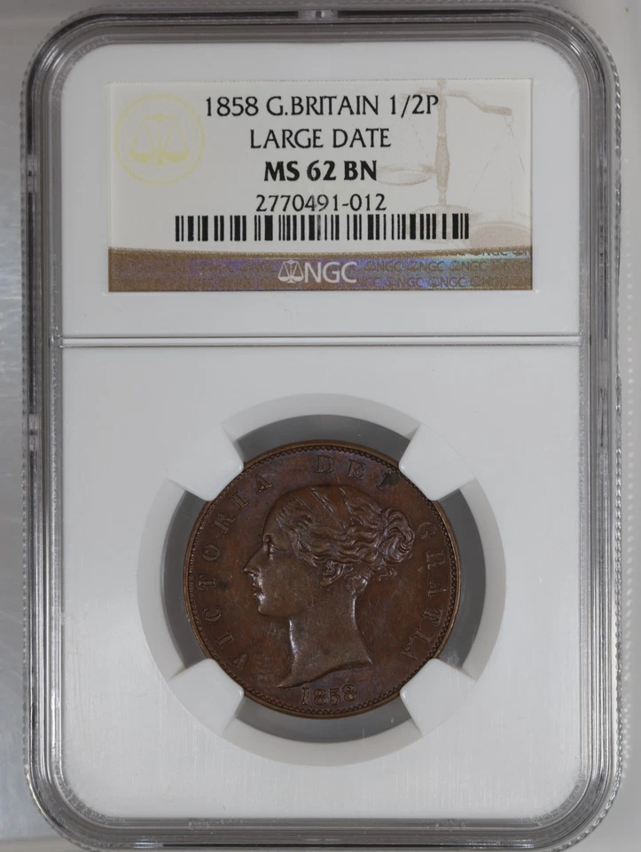 1858 Great Britain Queen Victoria 1/2 Penny NGC MS62BN Large Date Variety - Image 3 of 4