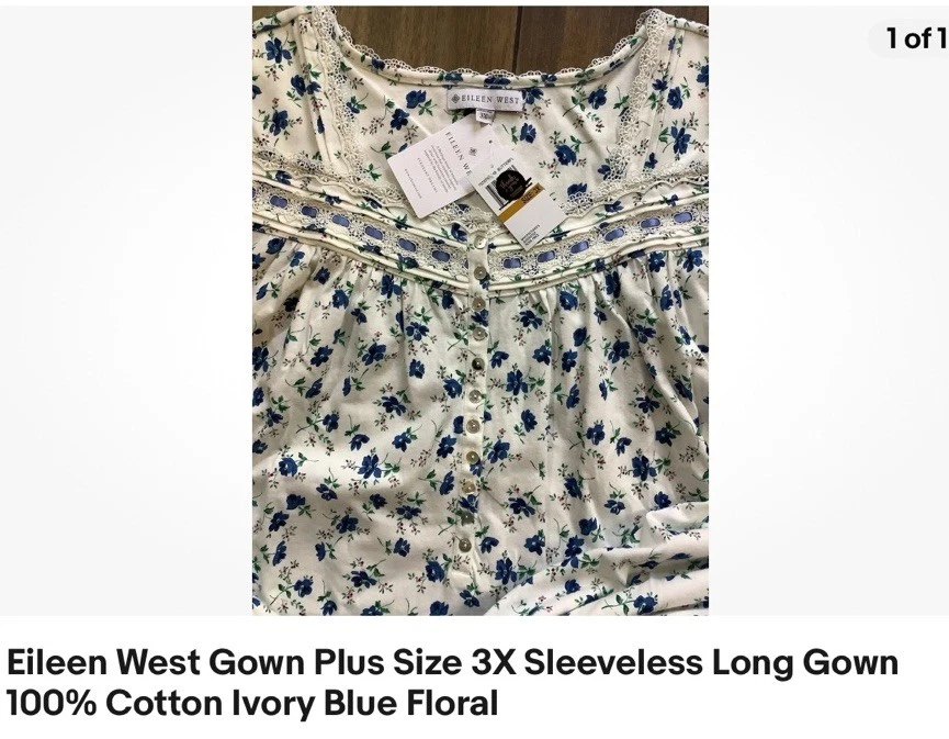 Eileen West Ropa de Dormir Talla Grande 3X Vestido Largo de Ballet Sin Mangas Azul Marfil Floral Foto 3 de 4