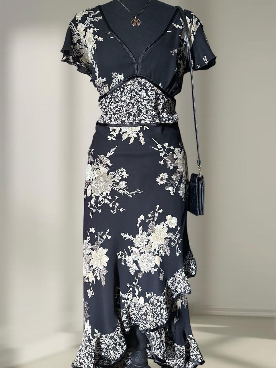 Vintage Fairy Y2K DRESS-U Black Floral Midi Dress Ruffle Asymmetrical Size 14