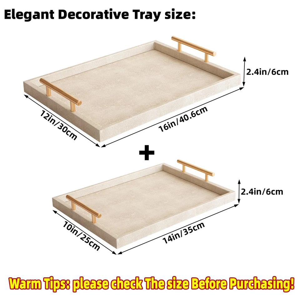 Modern Decorative Tray Set of 2 Ivory Shagreen Leather and Wood Serving Tray ... - Image 3 of 4