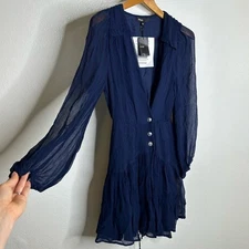 NWT NEW Maje Navy Blue Long Sleeve Silver Button Dress Size 34/ US XS
