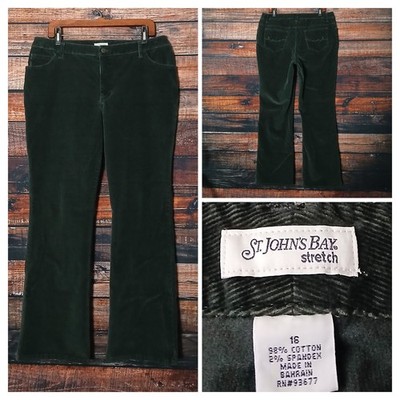St Johns Bay Corduroy Pants 16 Boot Cut Flare Forest Green Mid Rise Stretch 