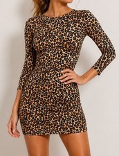 Guess Leopard Print Mini Small Dress Round Neck Front 3/4 Sleeve V Neck Back