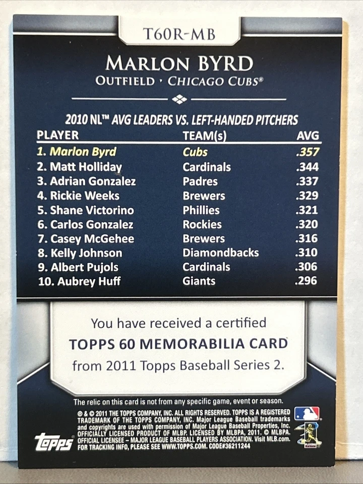 2011 Topps Series 2 Topps 60 Marlon Byrd Diamond Relic #34/99 T60R-MB - Image 2 of 2