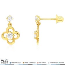 0.40Ct CZ Flower Shaped Dangle Earrings 14K Real Yellow Gold