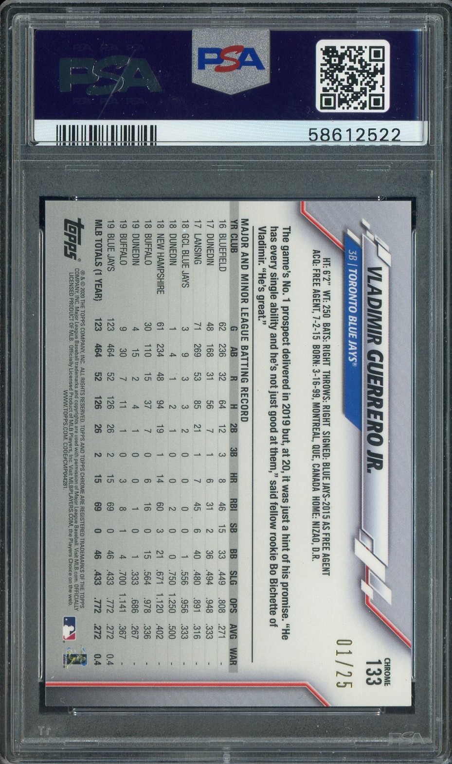 2020 Topps Ben Baller Chrome Orange Refractor Vladimir Guerrero Jr 1/25 PSA 10 view 2