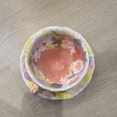 Handmade Floral Ceramic Cup & Saucer Set Two-Piece Multicolor Decorated