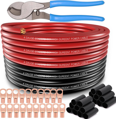4 Gauge Wire (25FT Black+25Ft Red) Copper Clad Aluminum CCA,20PCS Lugs Terminal