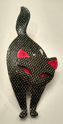 LEA STEIN BLACK CAT with SILVER SPECKLES & RED ACCENTS