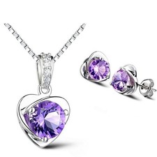 Crystal Heart Pendant 925 Sterling Silver Necklace Stud Earrings Women Jewellery