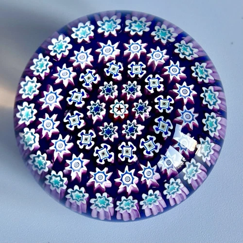 Peter McDougall 2” Millefiori Paperweight on Blue Ground With Pink Canes