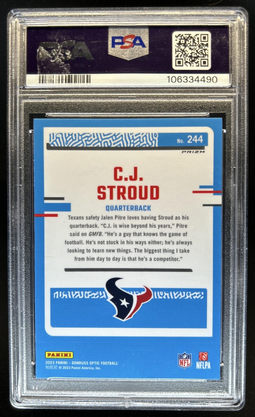 2023 Panini Donruss Optic C.J. Stroud Freedom Prizm RC Rated Rookie #244 PSA 10 view 2