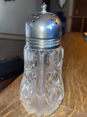 Cut Glass Sugar Shaker/Sifter Metal Lid Muffiineer Vintage 5 1/2  Tall