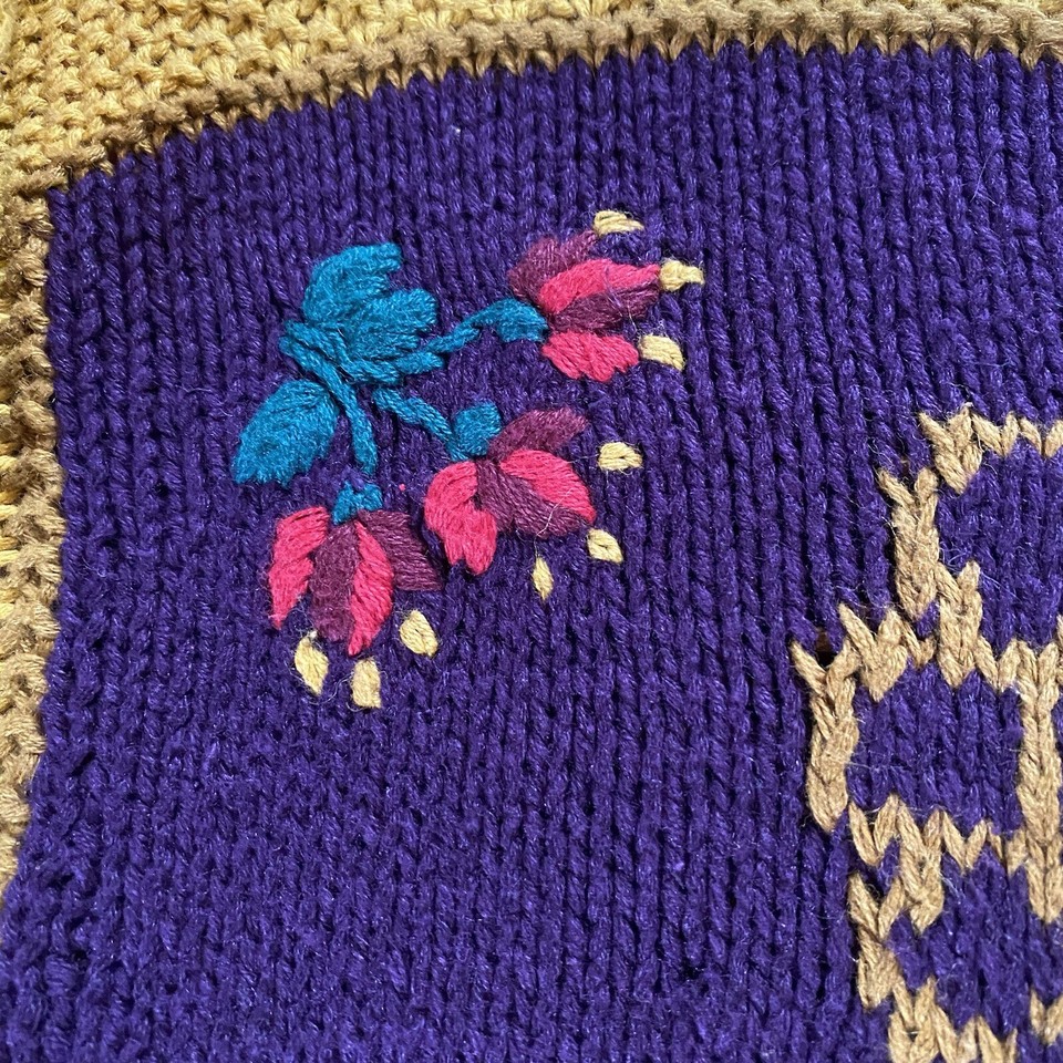 Vintage 90s Chunky Knit Colorful Sweater Purple Gold Embroidered