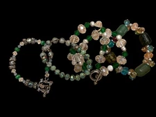 Four Stretch and Toggle Bracelet Set Green Faceted Gless Beads Boho