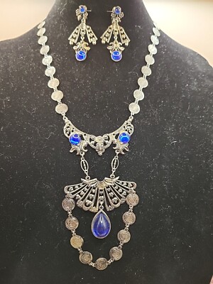 Vintage Morrocan Style Blue Glass Ornate Statement Necklace Set