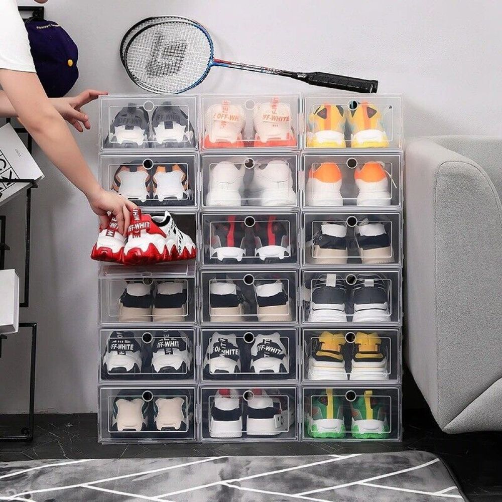 6x Plastic Shoe Storage Boxes Sneaker Drawer Clear Organiser Container Stackable