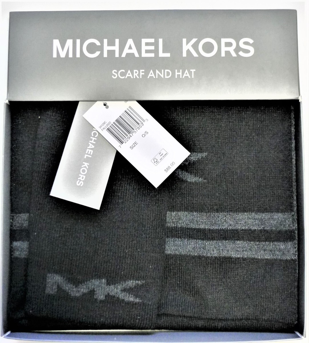 NWT Michael Kors MK LOGO Scarf and Hat Set BLACK One Size