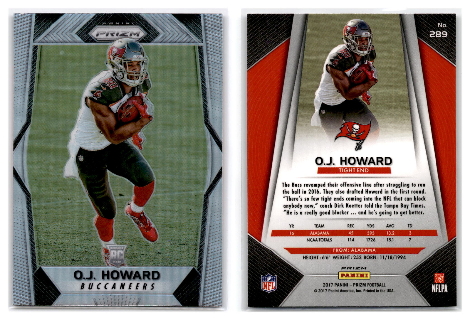 2017 Panini Prizm Silver RC #289 O.J. Howard - Tampa Bay Buccaneers