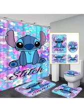 Stitch Disney Cartoon Shower Curtain Set, Stitch Cartoon Toilet Seat Cover Set