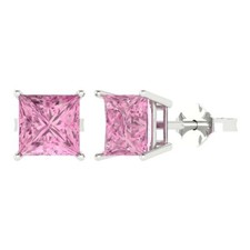 Pink Zirconia Stud Earrings for Women, Push Back 4 cttw, 7.0mm, Princess-Cut 