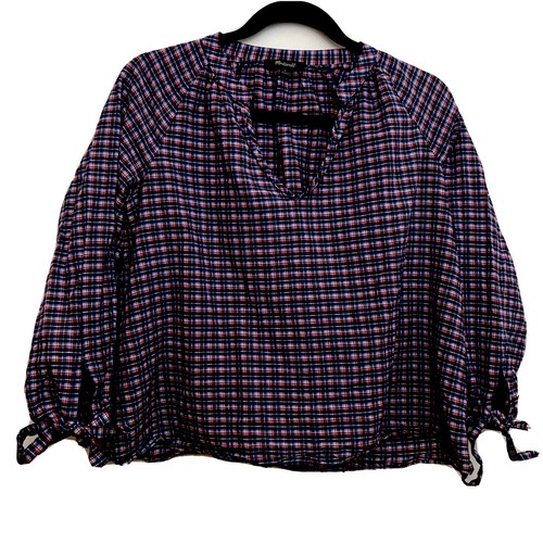 Madewell V-neck Tied Sleeve Plaid Top 