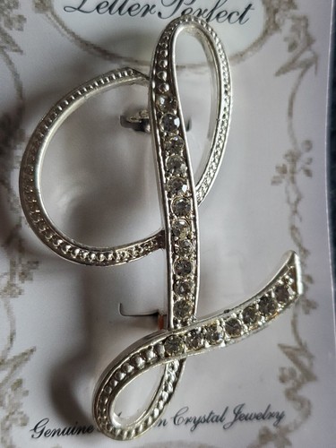 Elegant/Dazzling - Austrian Crystal Silver Tone Cursive Initial Letter Brooches - Picture 38 of 61