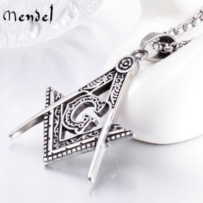 MENDEL Mens Freemason Masonic Lodge Pendant Necklace Stainless Steel Silver Men