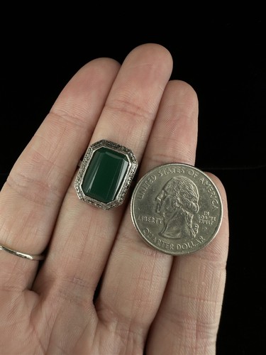 Antique Art Deco Sterling Green Chrysoprase Marcasite Ring Sz 6 - Picture 7 of 10