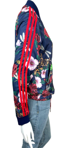 ADIDAS Rita Ora Floral Insect Satin Bomber Jacket Red Logo Stripes Blue XS EUC * - Picture 9 of 12