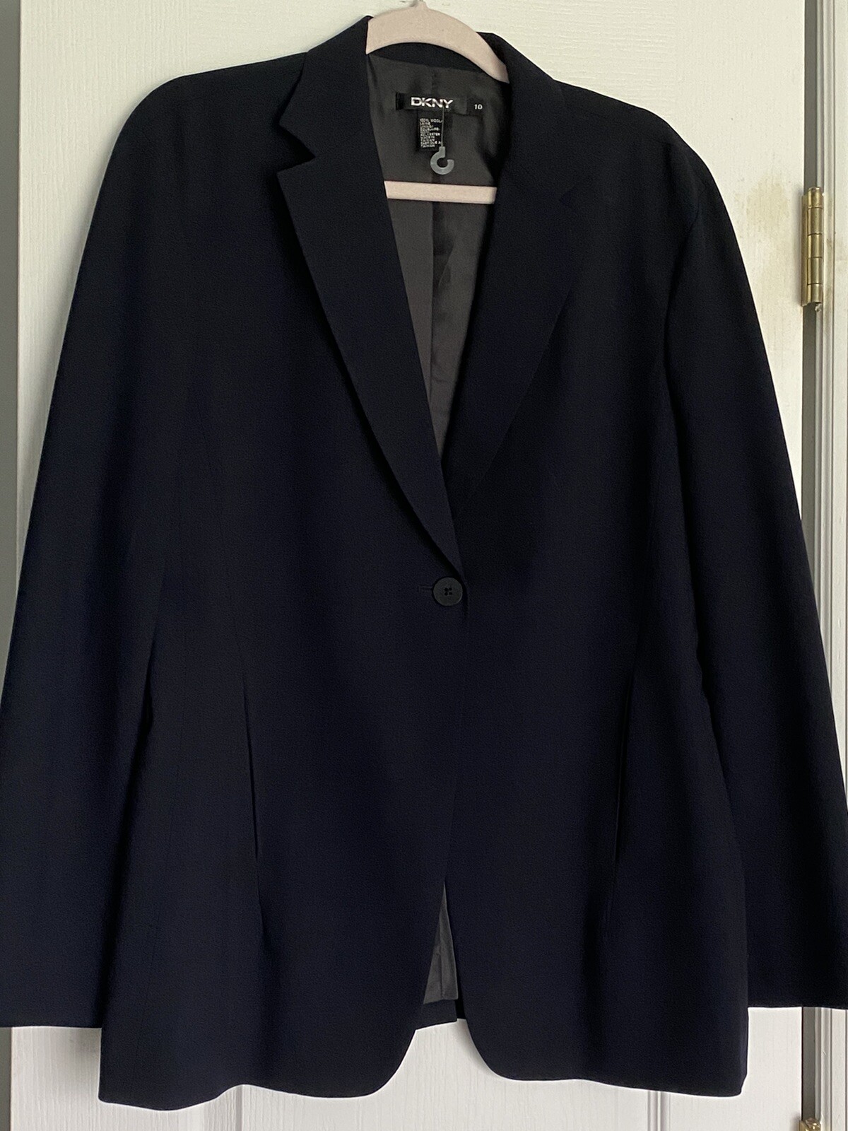 DKNY Dark Blue Single Button 100% wool Lined Blazer jacket pockets Size 10