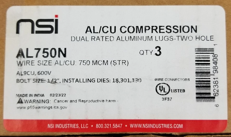 3 NSI AL750N Lugs AL/CU Yellow Dual Rated Compression Aluminum 2 Hole Lugs NEW - Image 3 of 4