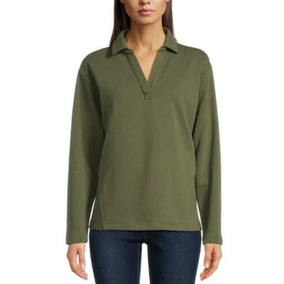 Time and Tru Sweatshirt Womens Small Green Split Neck Long Sleeve Collared Solid