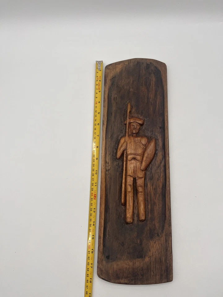 Vintage Hand Carved Wooden Plaque Warrior Figure Wall Decor Rustic Art - Image 4 of 4