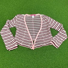 Vintage Y2K Say What Girls Pink Brown Striped Open Front Chunky Cardigan Sz M