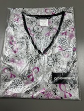 Cassandra O Women's Scrub Top Size Small Floral Print Pink Ribbon Breast Cancer